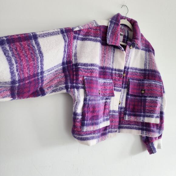 SO Purple White & Pink Flannel Shacket Lapel Collar Button Down Jacket Large - Picture 7 of 9